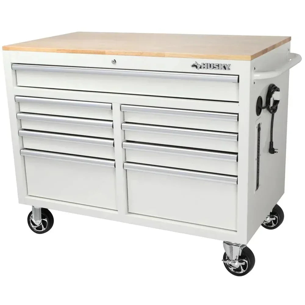 Husky Mobile Workbench With 9 Drawers, Hardwood Top And Power Connection, 117 cm W x 62 cm D - High-Gloss Black