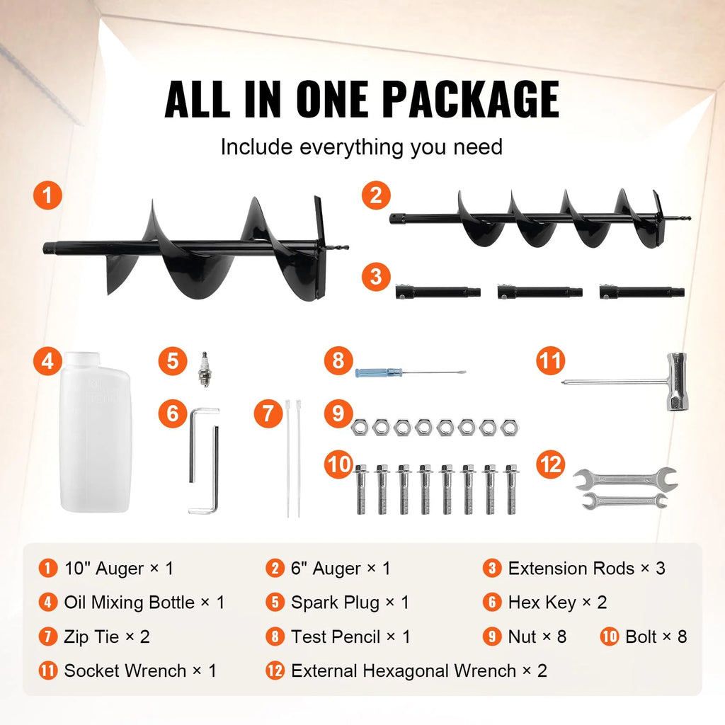VEVOR 52CC 1450W Fuel-Powered Post Hole Auger With 6in And 10in Bits - D52-F