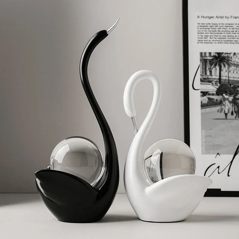 Ceramic Swan Figurine With Glass Sphere Decorative Sculpture