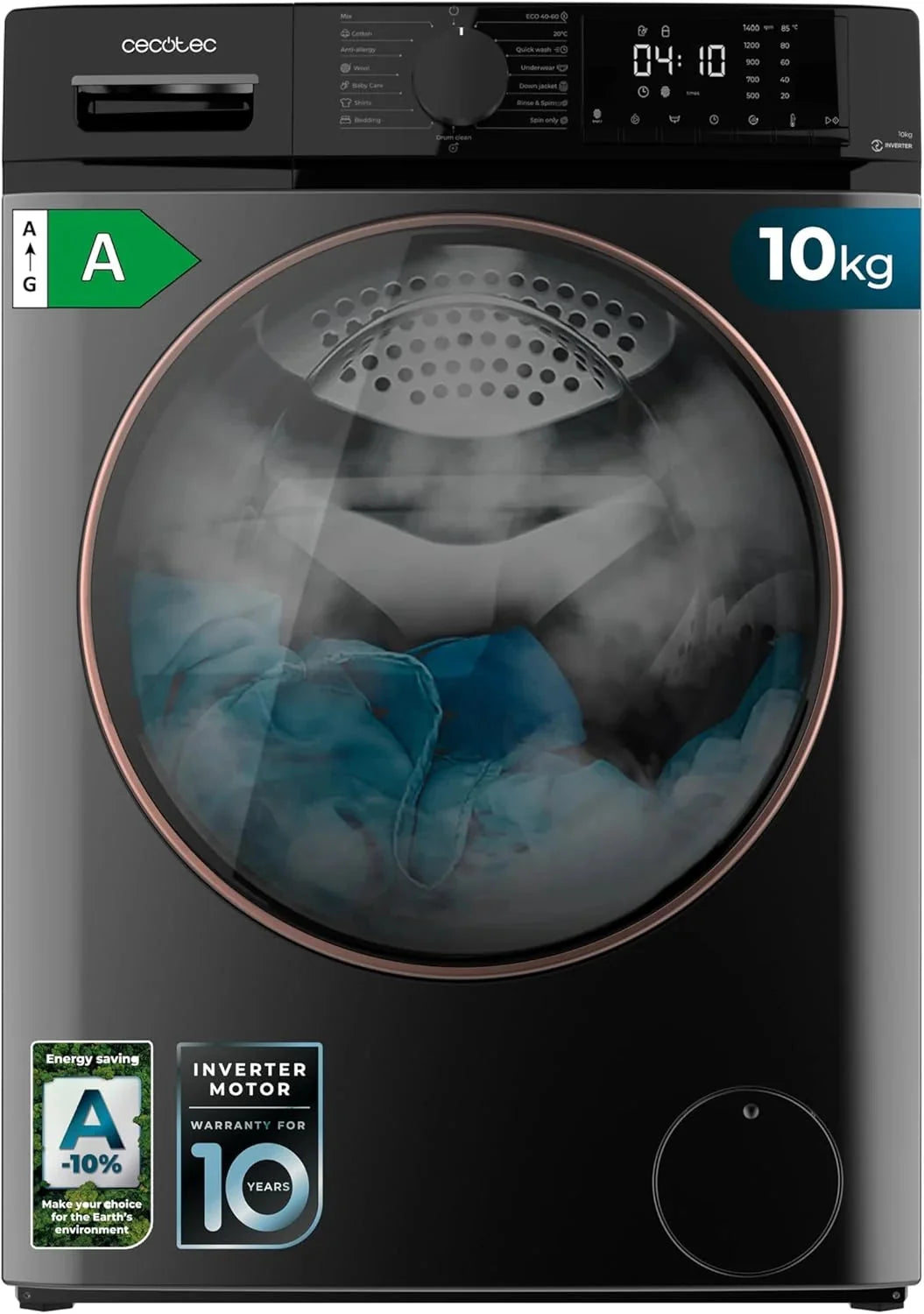Cecotec Front Load Washing Machine 10 Kg, Steel, 1400 RPM, 57,5 x 59,9 x 85 cm - 01931