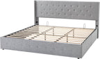 Queen Size Lift-Up Storage Bed With Wingback Headboard, Upholstered Platform Bed Frame With Hidden Storage