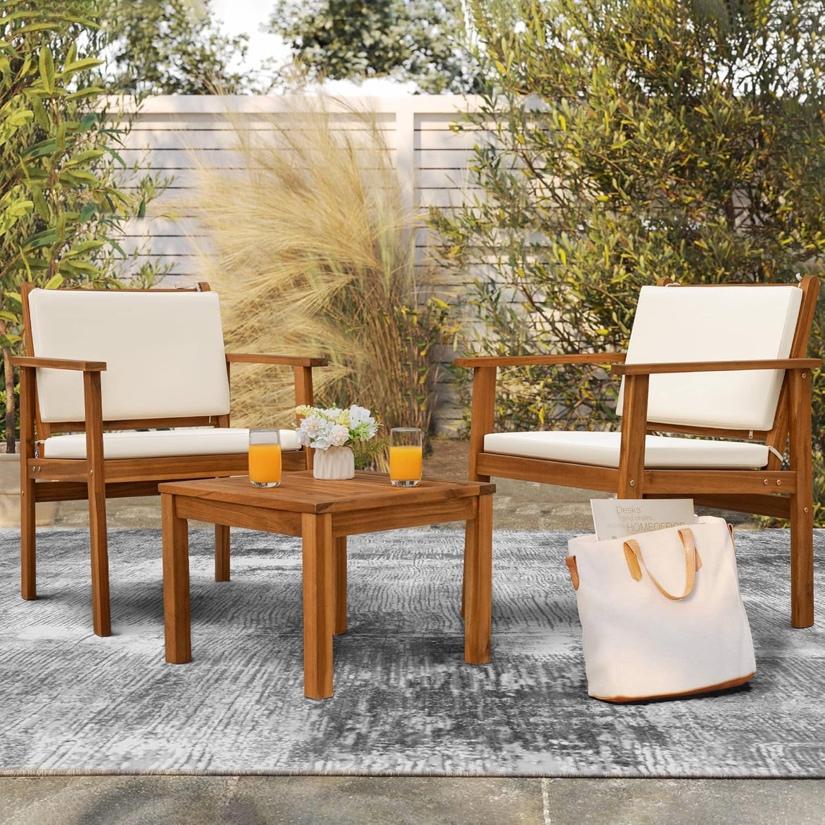 4 Piece Outdoor Acacia Wood Patio Conversation Set With Table And Cushions