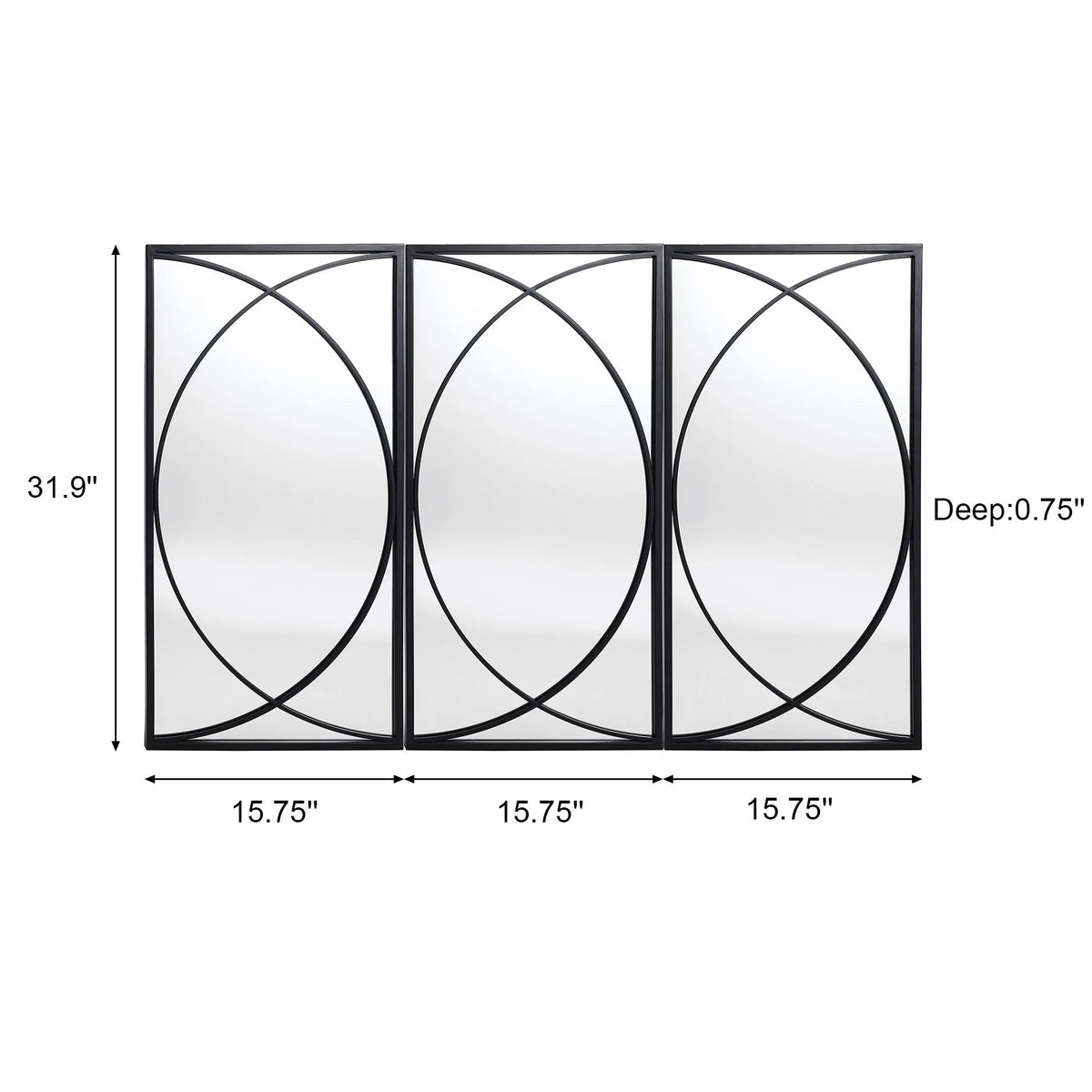 3-Piece Black Metal Rectangular Wall Mirror Set, 31.9" H x 15.75" W x 0.75" D