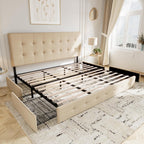 Queen Upholstered Linen Platform Bed Frame With 4 Storage Drawers, Light Grey - 83in L x 62.2in W x 42in H