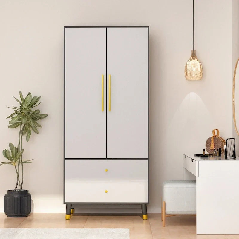 2-Door Wardrobe Closet Armoire With 2 Drawers And Clothes Rail - 70.9H x 31.5W x 19.1D