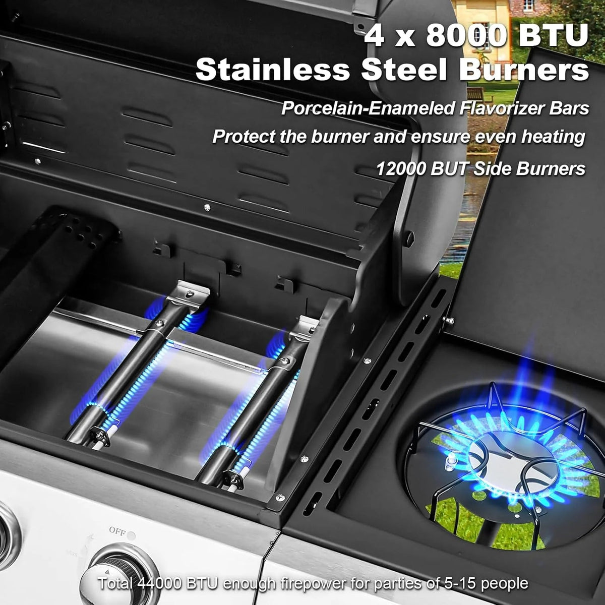 4-Burner Propane Gas Grill With Cast Iron Grates, Side Stove And 44,000 BTU Stainless Steel Burners
