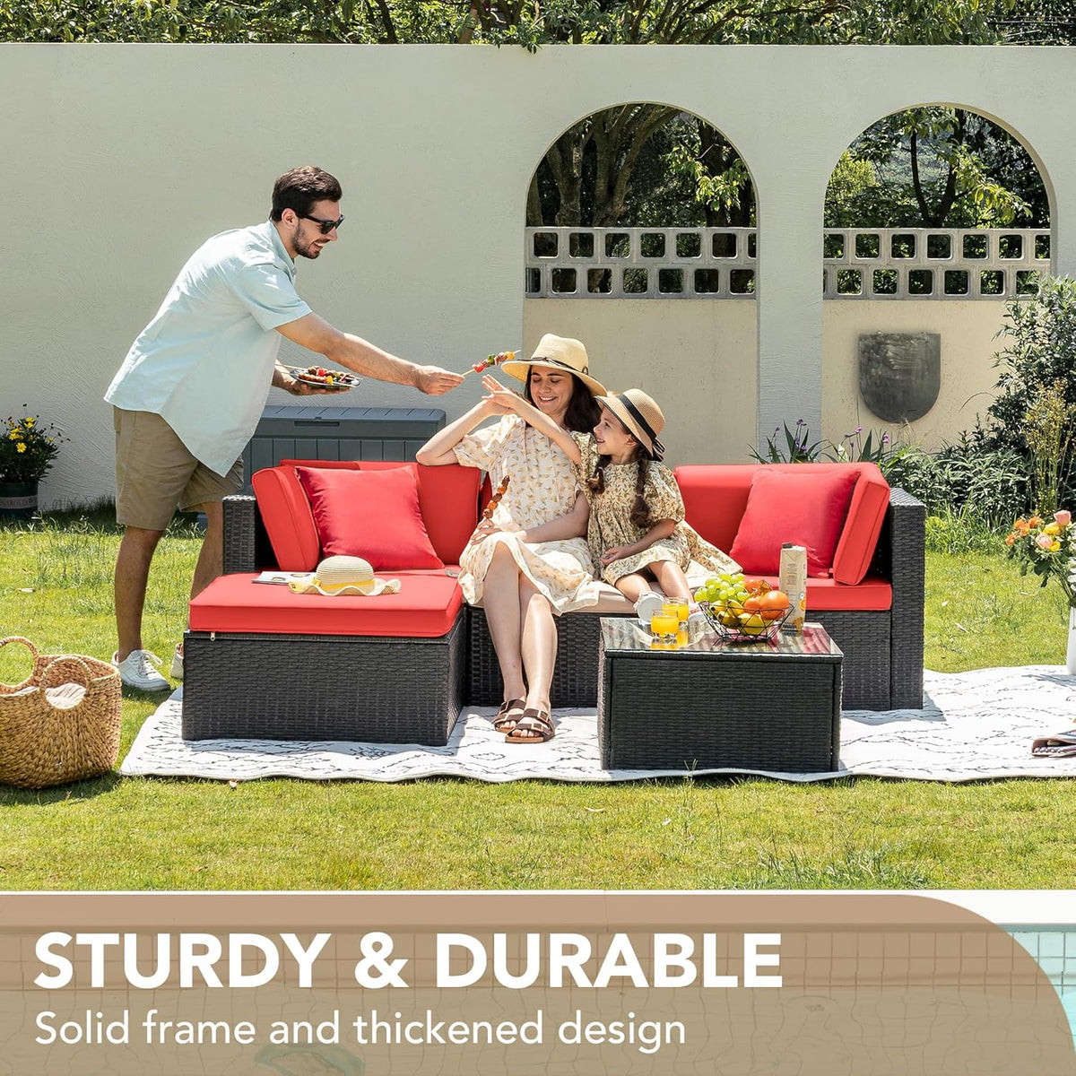 Devoko 5-Piece Outdoor Sectional Patio Sofa Set With Cushions And Glass Table - Beige
