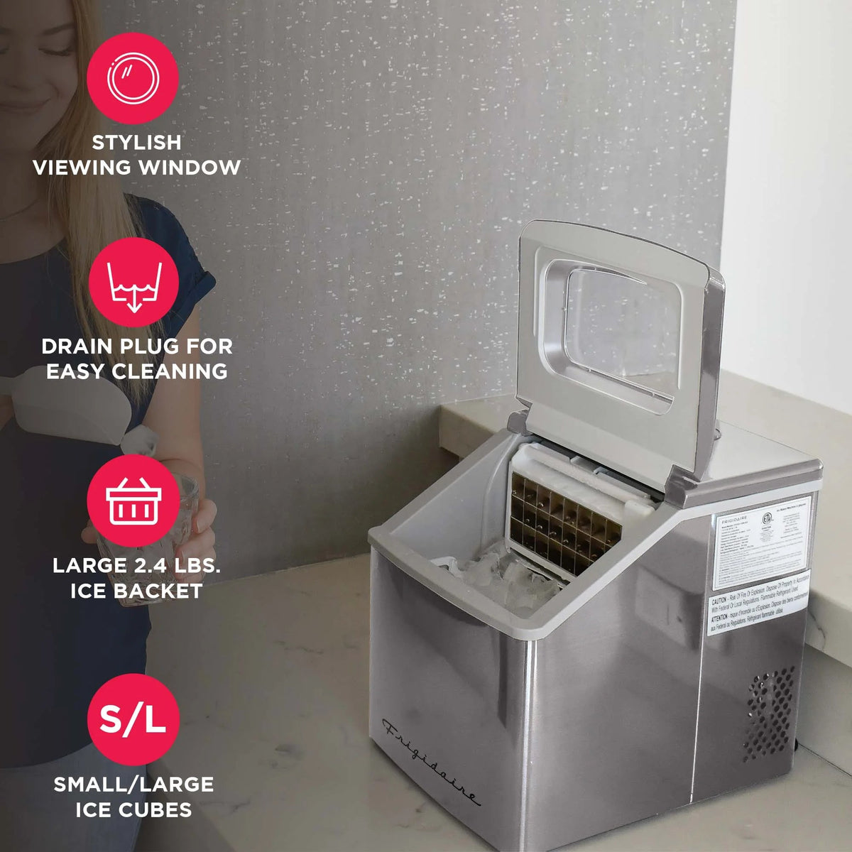 Frigidaire Countertop Clear Square Ice Maker, 40 lbs. Per Day - Stainless Steel