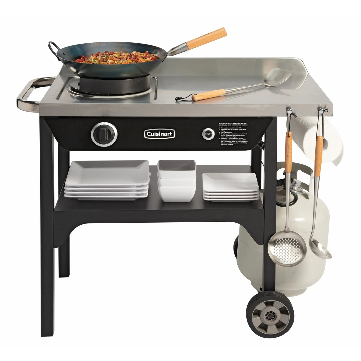 Cuisinart Outdoor Wok Station With Prep Table, 50,000 BTU, 14 inch Carbon Steel Wok - Black