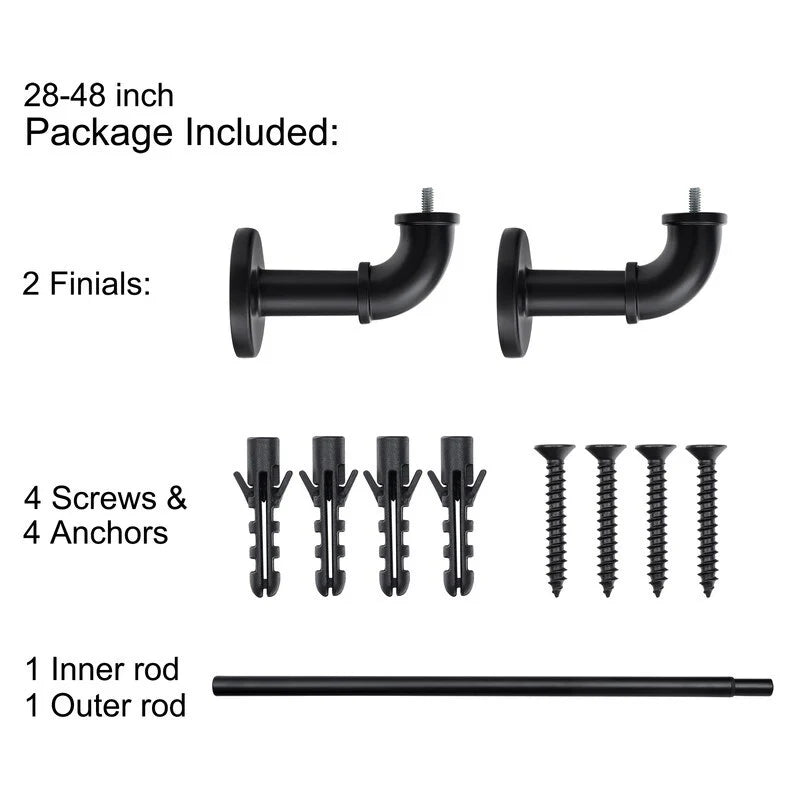 1 Inch Industrial Wrap-Around Curtain Rods, Matte Black, 28-48 in, 48-86 in, 86-120 in