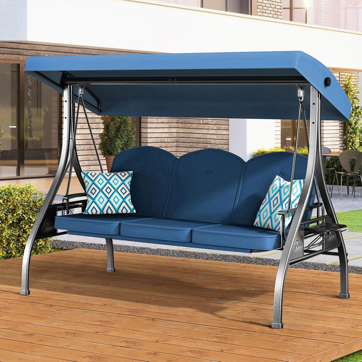3-Seat Outdoor Patio Swing With Stand, 800 lbs, 2-in-1 Convertible Swing Bed, Adjustable Canopy