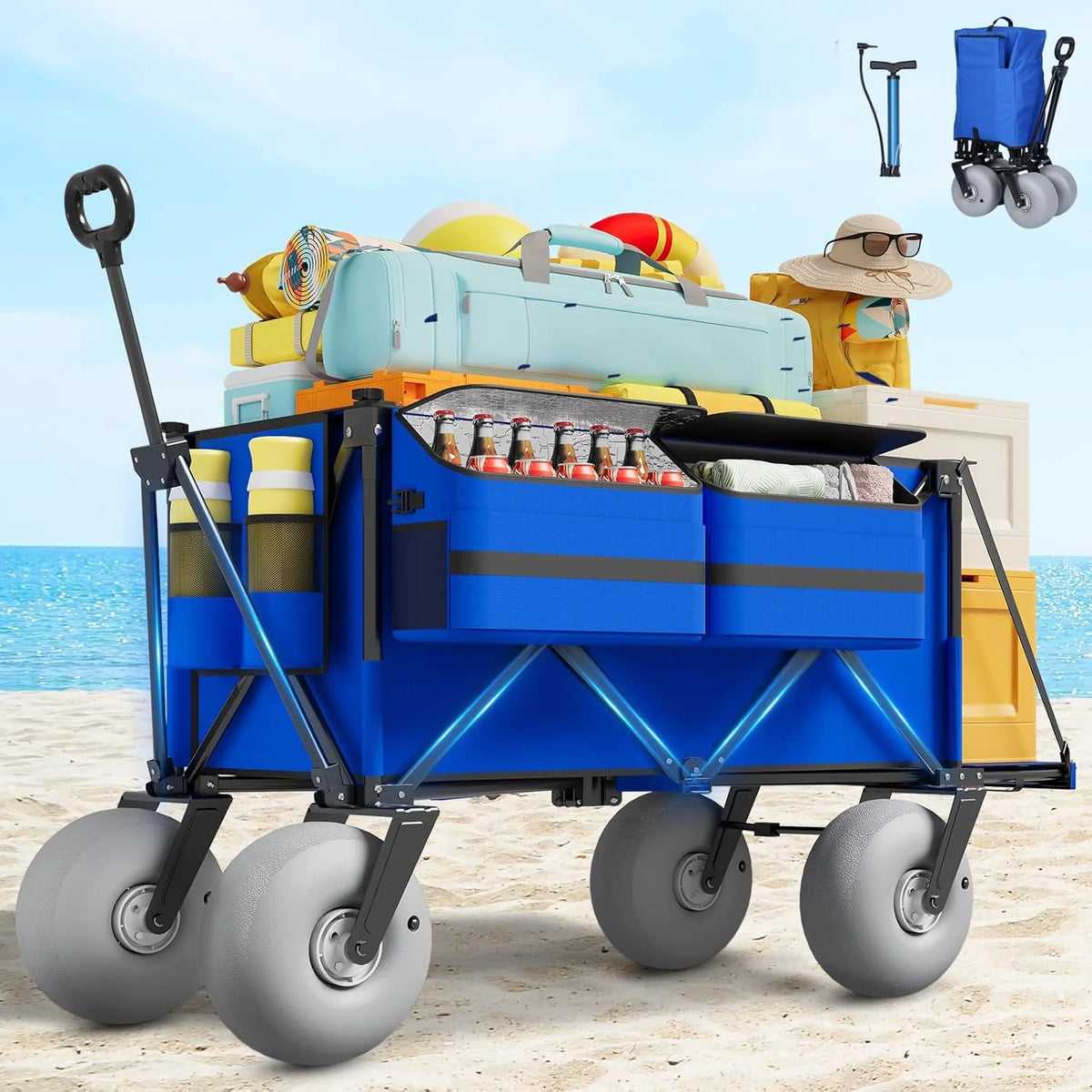 Aisdan Foldable Beach Wagon Cart, 450 lbs Capacity, 9 in All-Terrain Inflatable Tires - Blue