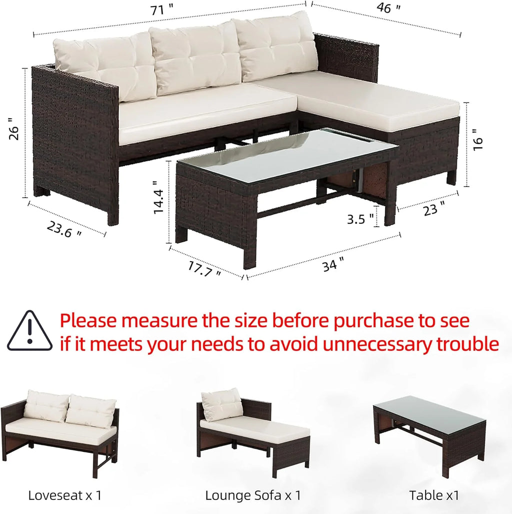 3-Piece Wicker Rattan Patio Seating Set With Glass Coffee Table And Beige Cushions