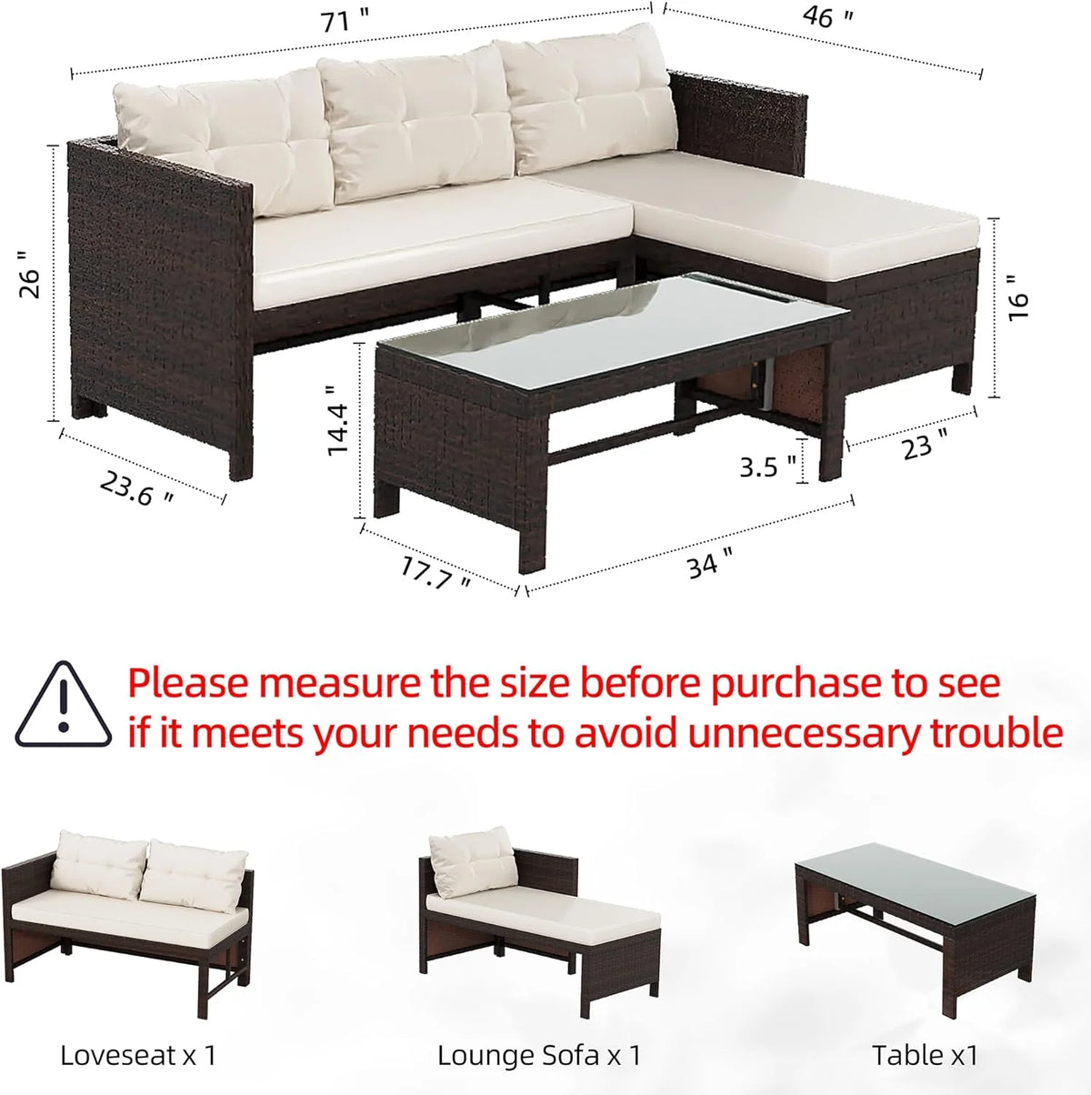 3-Piece Wicker Rattan Patio Seating Set With Glass Coffee Table And Beige Cushions