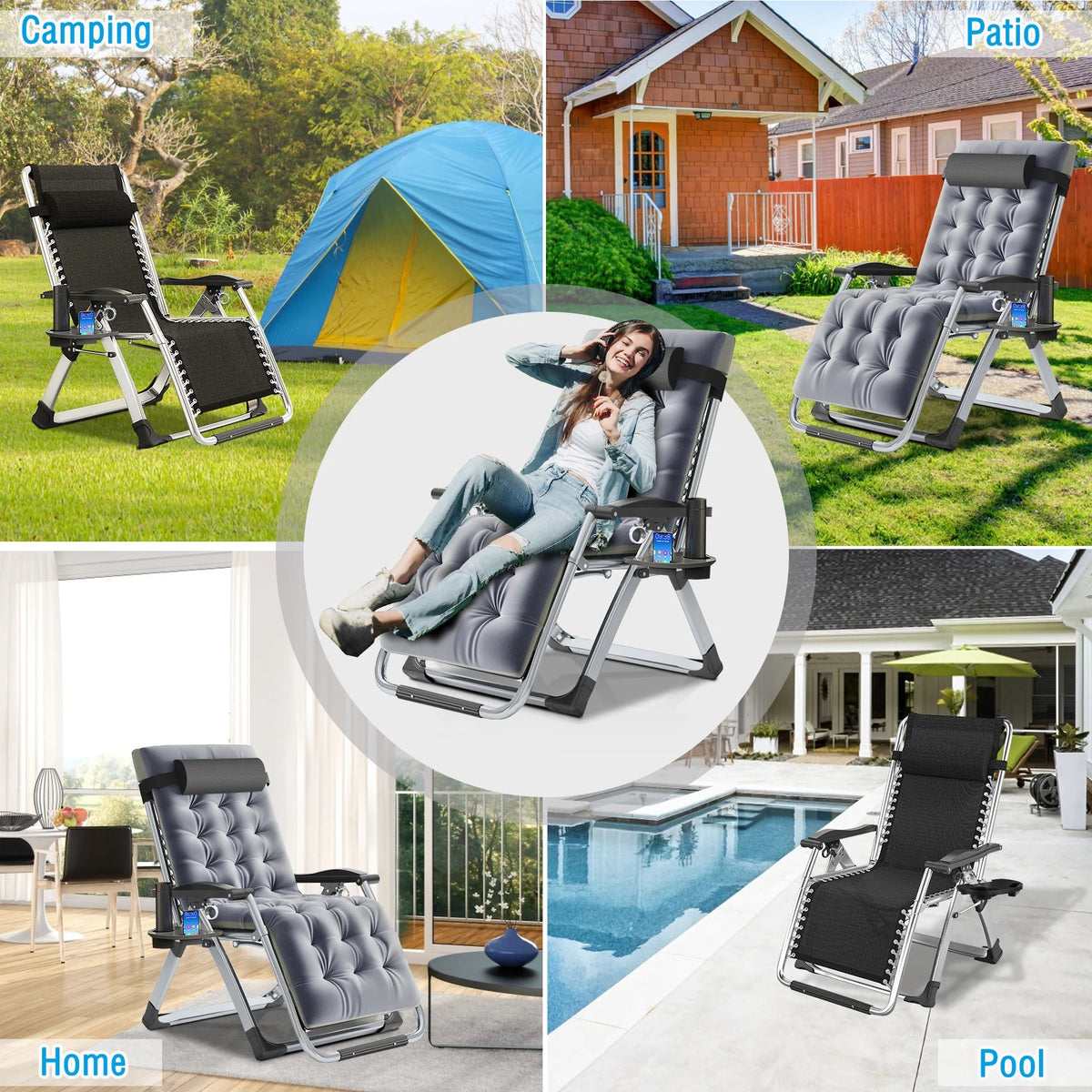 NAIZEA Zero Gravity Lawn Recliner Chairs, 2 Pack, Black