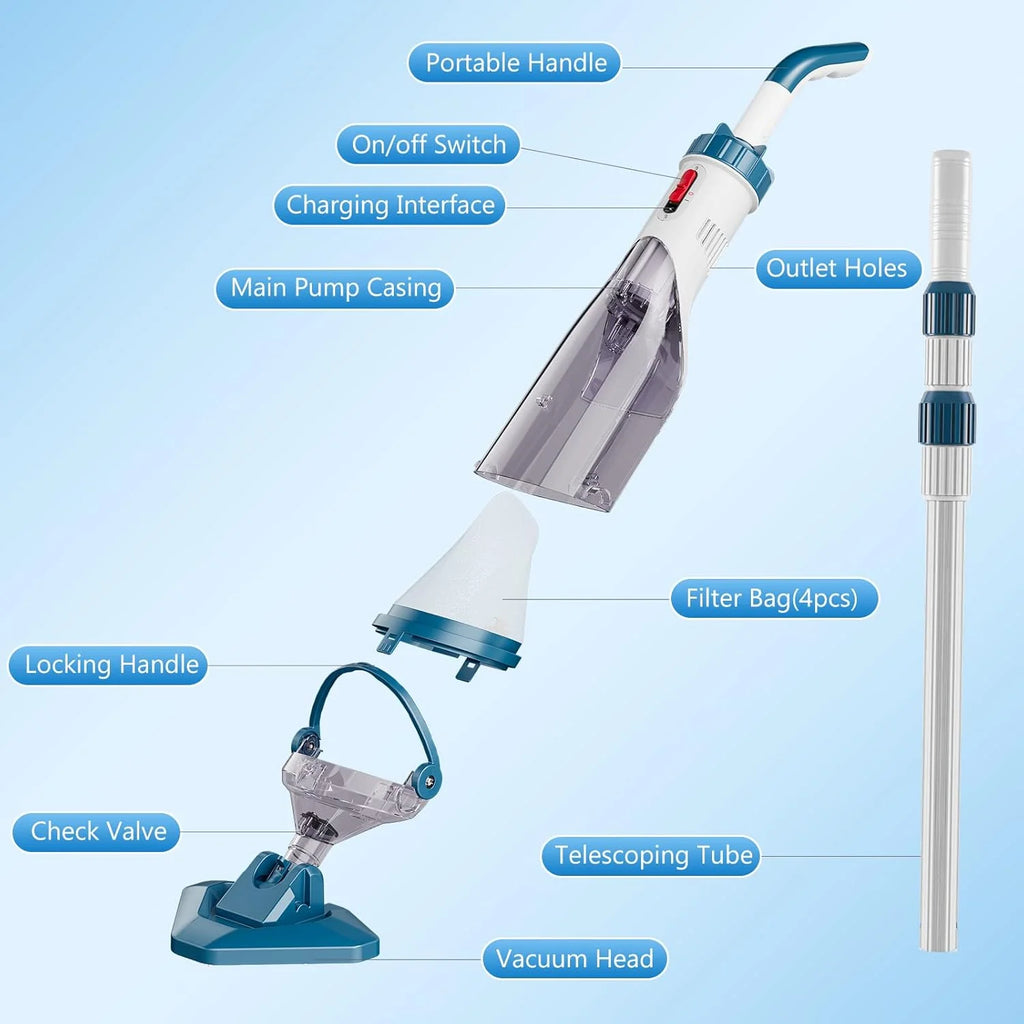 Cordless Handheld Pool Vacuum With Telescopic Pole, 20V, 28 x 8 x 4.8 in - T403