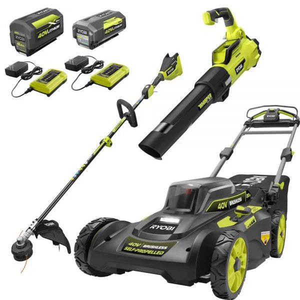 RYOBI 40-Volt 20 in Mower, String Trimmer And Leaf Blower Kit With 2 Batteries, 2 Chargers - RY401120-Y, RY40270, RY40407BTLVNM