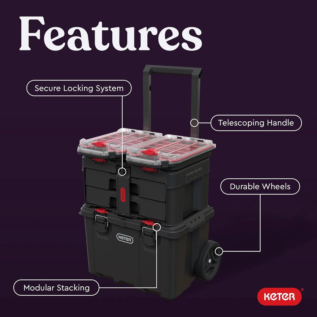 Keter Rolling Tool Box System, 3 Piece, Black/Red - 3 Piece Resin Modular Toolbox System