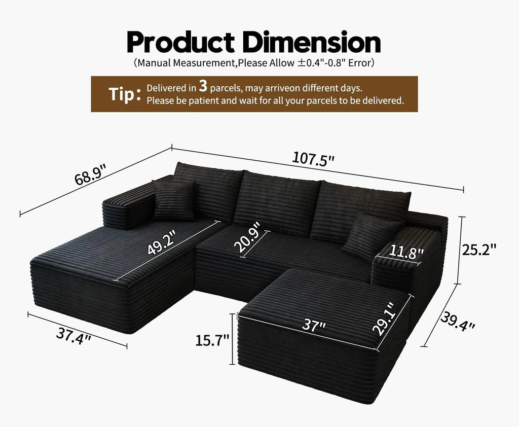Settab Modular Sectional Sofa, 2 Seater Left-Facing Chaise, Black, 68.9 inch D x 107.5 inch W x 36.3 inch H