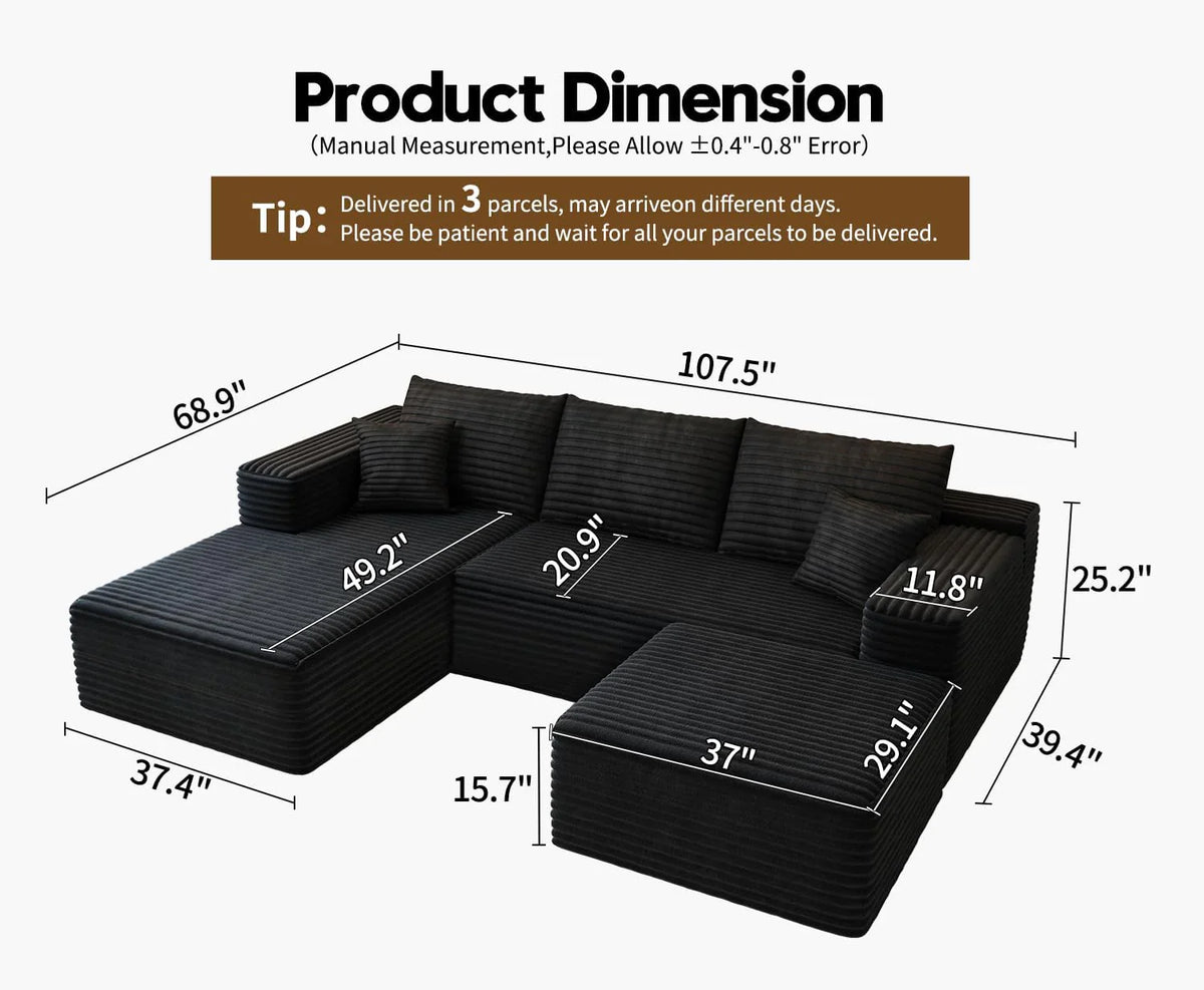 Settab Modular Sectional Sofa, 2 Seater Left-Facing Chaise, Black, 68.9 inch D x 107.5 inch W x 36.3 inch H