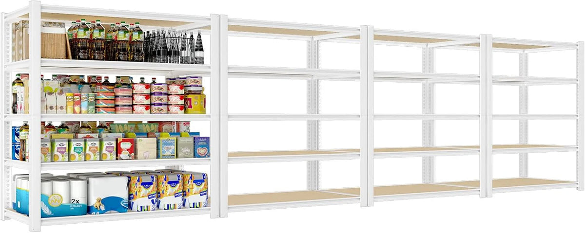 White Adjustable Storage Rack, 28 inch W x 12 inch D x 59 inch H, 5 Shelves - 4-Piece Set