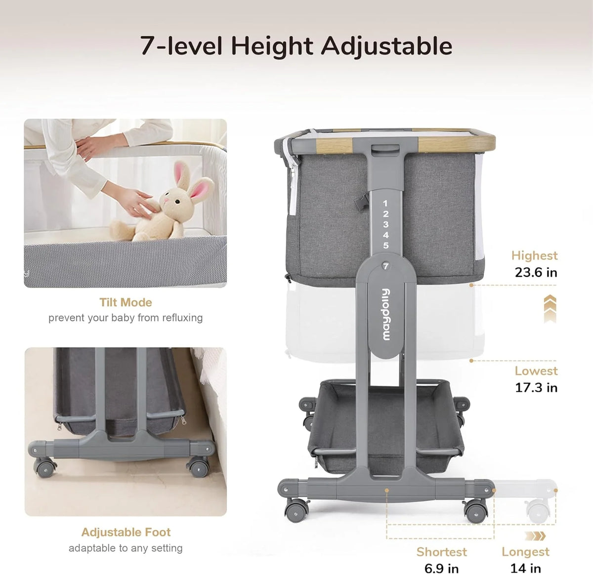Maydolly 3-in-1 Baby Bassinet Bedside Crib With Mattress And Soft Breathable Sheet, 7-Height Adjustable, Grey