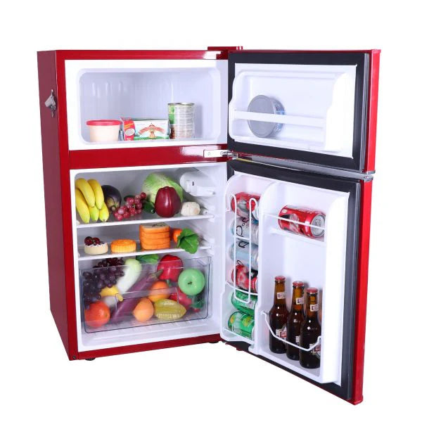 Compact Two-Door Refrigerator With Freezer, 3.2 Cu Ft, Red/Black, 19.69 x 21.06 x 33.46 Inches