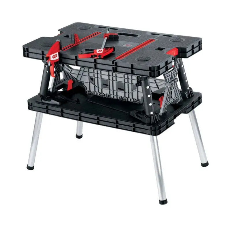Keter Folding Portable Workbench Sawhorse With Clamps, Black/Yellow, Heavy-Duty Resin