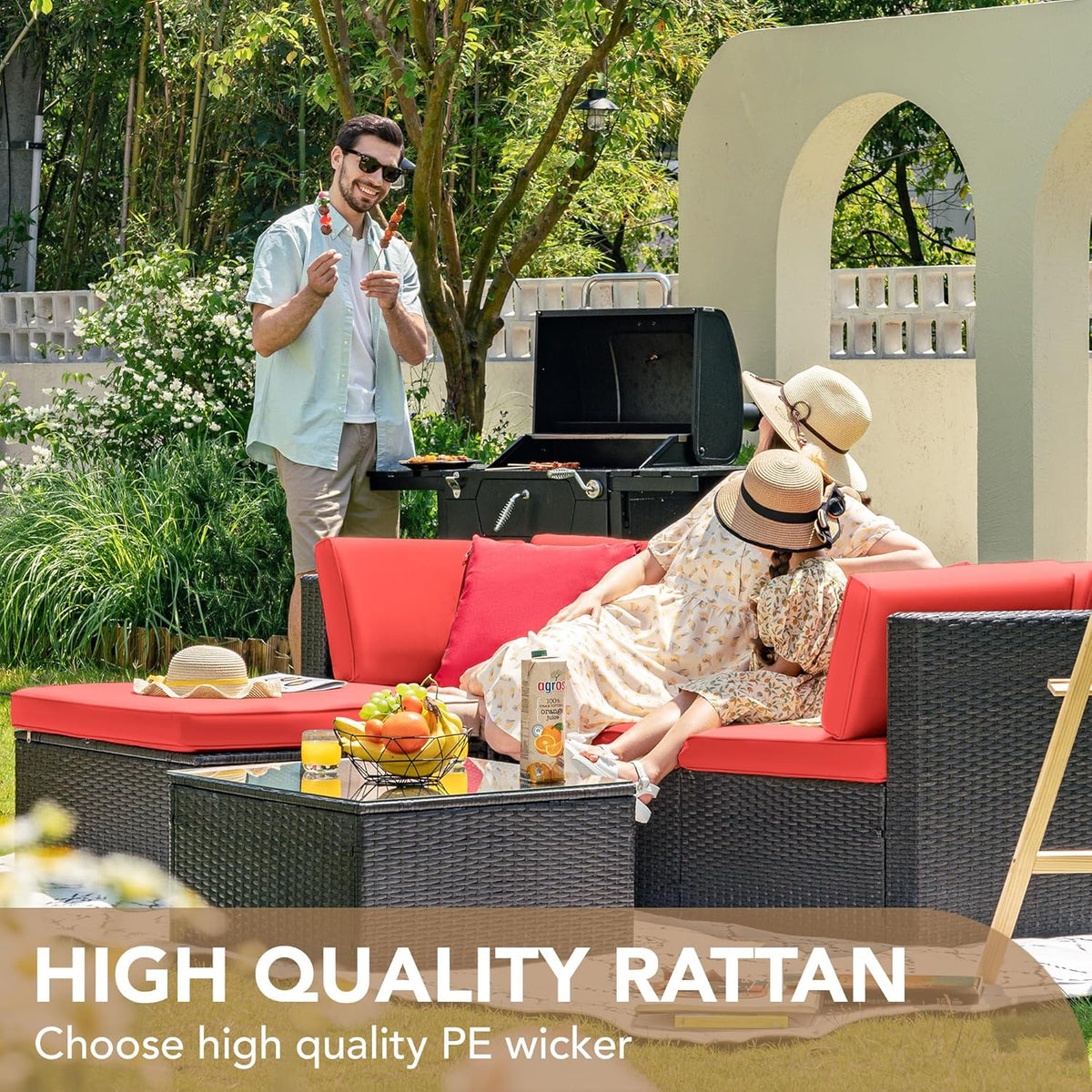Devoko 5-Piece Outdoor Sectional Patio Sofa Set With Cushions And Glass Table - Beige