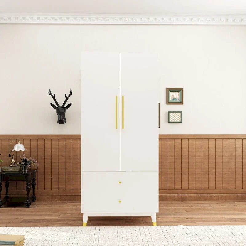 2-Door Wardrobe Closet Armoire With 2 Drawers And Clothes Rail - 70.9H x 31.5W x 19.1D