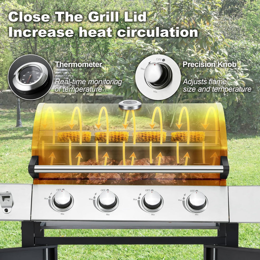 4-Burner Propane Gas Grill With Cast Iron Grates, Side Stove And 44,000 BTU Stainless Steel Burners