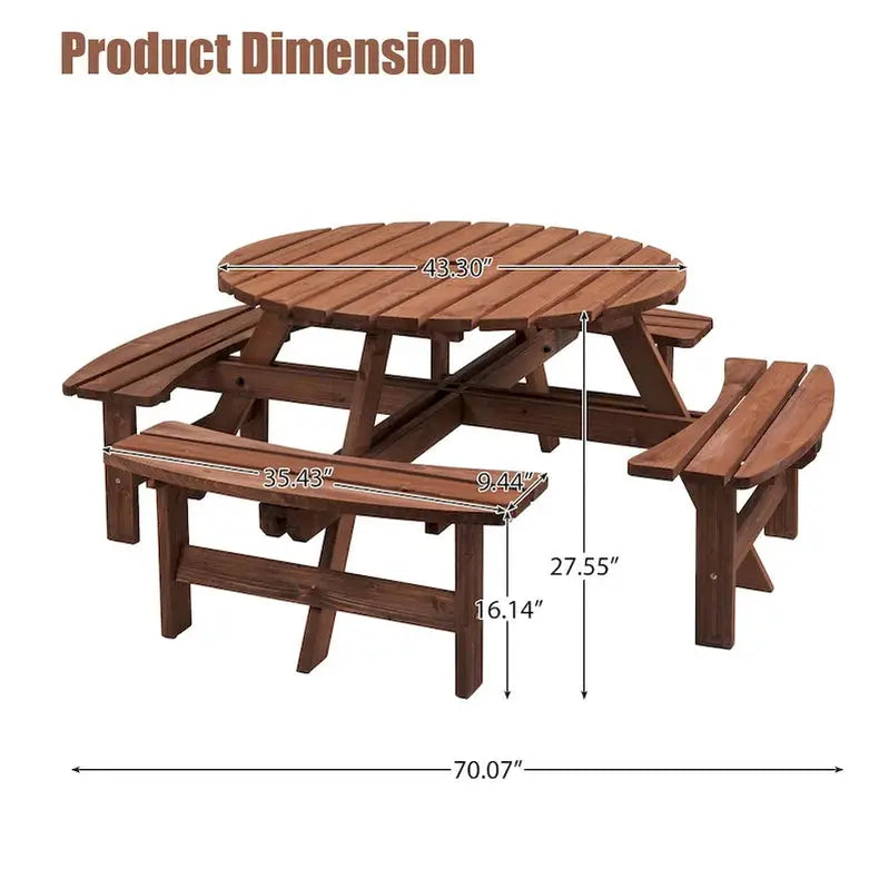 8-Person Fir Wood Round Picnic Dining Set With 4 Built-In Benches, 43.3-In Tabletop And Umbrella Hole