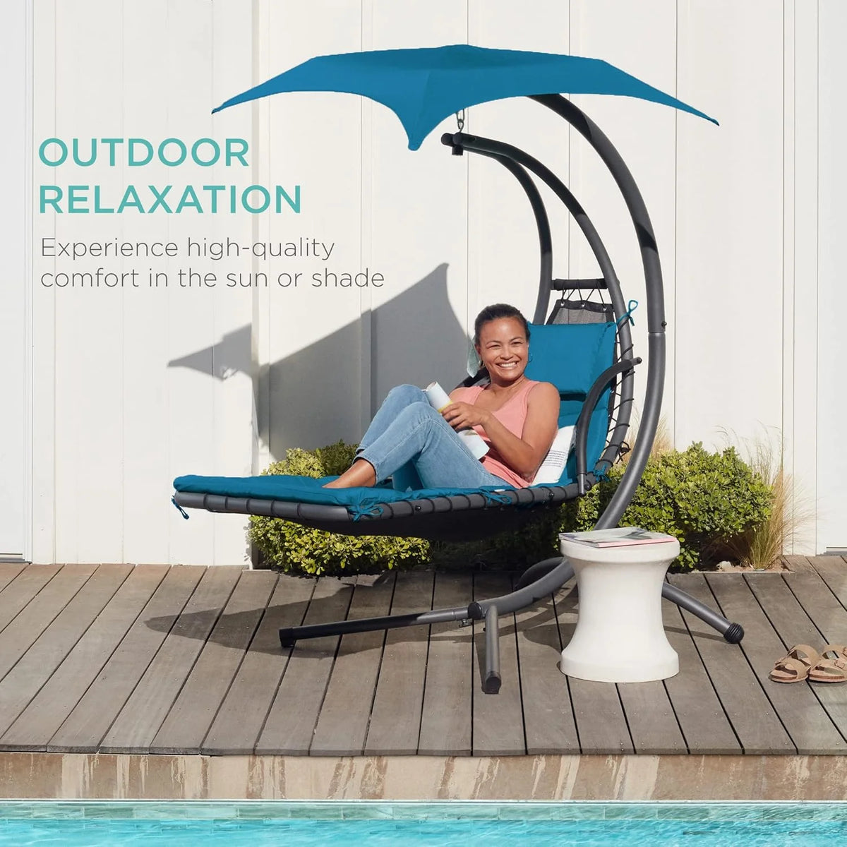 Best Choice Products Outdoor Hanging Steel Chaise Lounge Chair With Canopy, Charcoal Gray - SKY5871