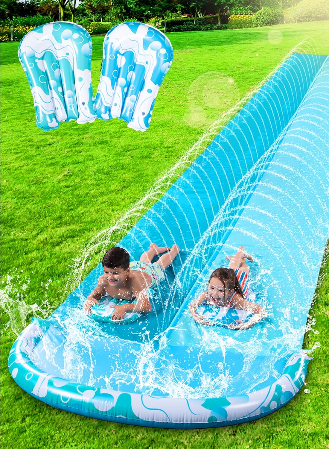 32.5ft x 62in Double Lawn Water Slide With 2 Inflatable Boards - Blue, Orange