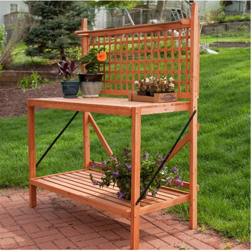 Outdoor Weather-Resistant Fir Wood Potting Bench Garden Table With Lattice Back - 48W x 24D x 60H Inches