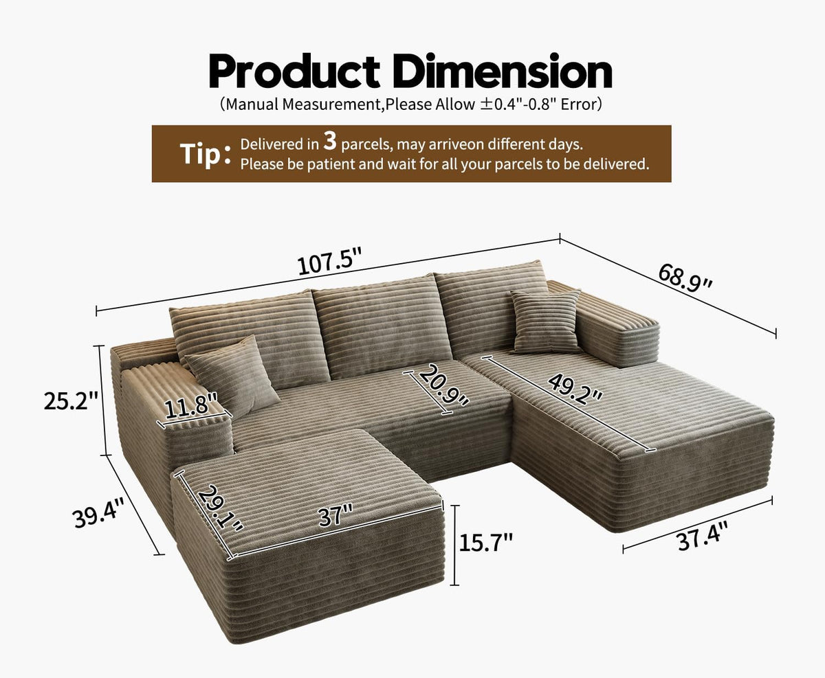 Settab Modular Sectional Sofa, 2 Seater Left-Facing Chaise, Black, 68.9 inch D x 107.5 inch W x 36.3 inch H