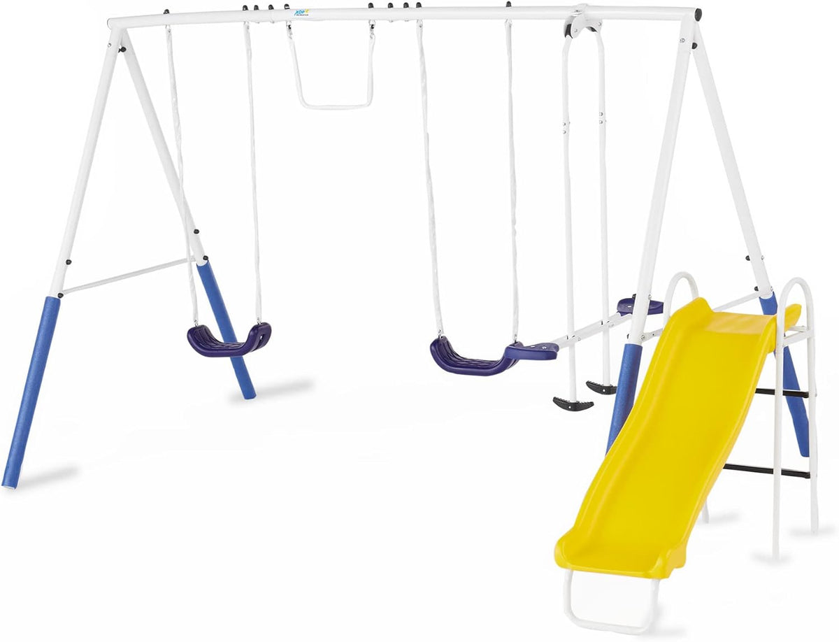 XDP Blue Ridge Metal A-Frame Swing Set With Slide, 2 Swings, Glider And Trapeze, Multicolor - 15 Feet