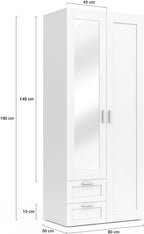 IDMarket VITO 2-Door Wardrobe With 2 Drawers, Mirror And Shelves, White, 80 cm - VITO