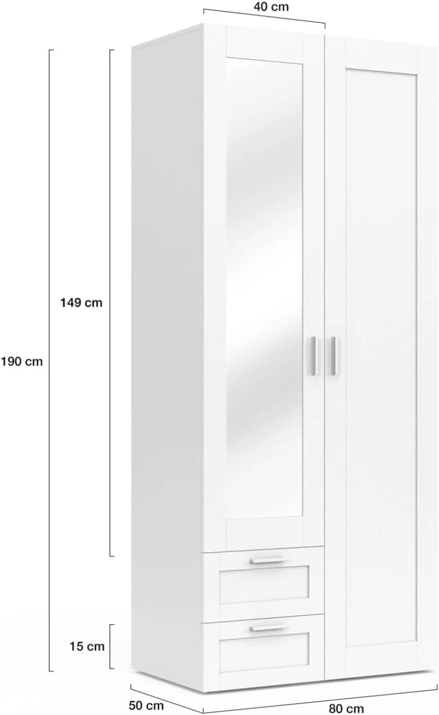IDMarket VITO 2-Door Wardrobe With 2 Drawers, Mirror And Shelves, White, 80 cm - VITO