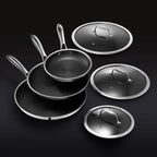 HexClad 6 Piece Hybrid Stainless Steel Cookware Pan Set, 8 inch, 10 inch, 12 inch With Glass Lids - Black