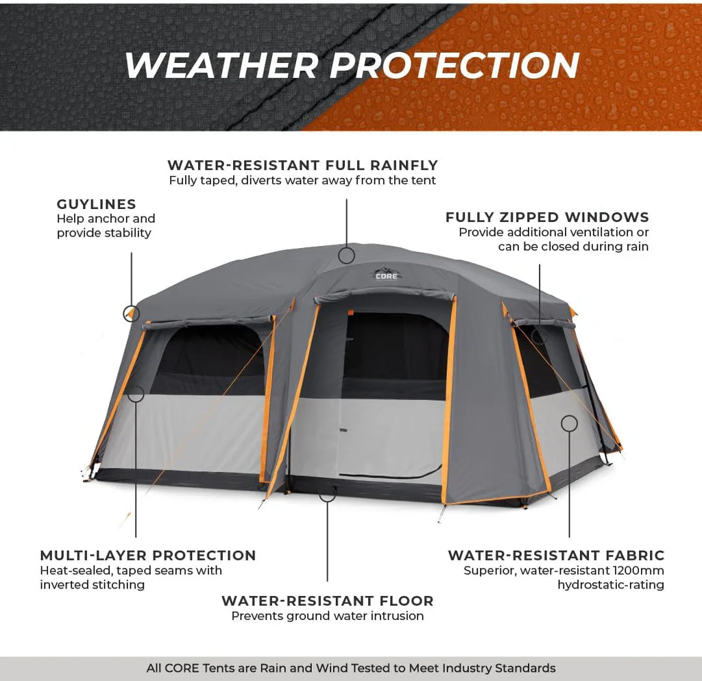 CORE 12 Person Straight Wall Cabin Tent, 16 x 11 Feet, Orange - SUVELAM