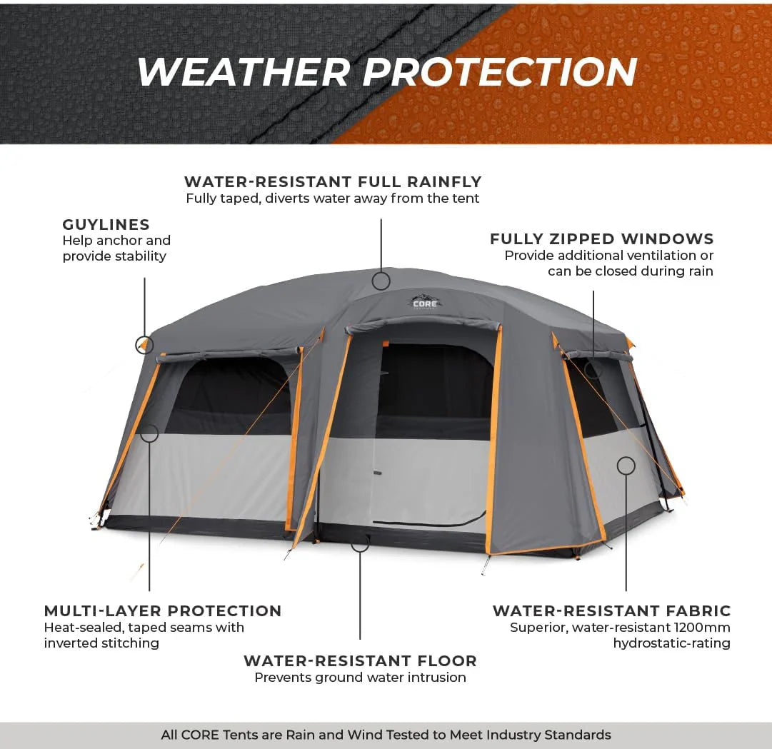 CORE 12 Person Straight Wall Cabin Tent, 16 x 11 Feet, Orange - SUVELAM