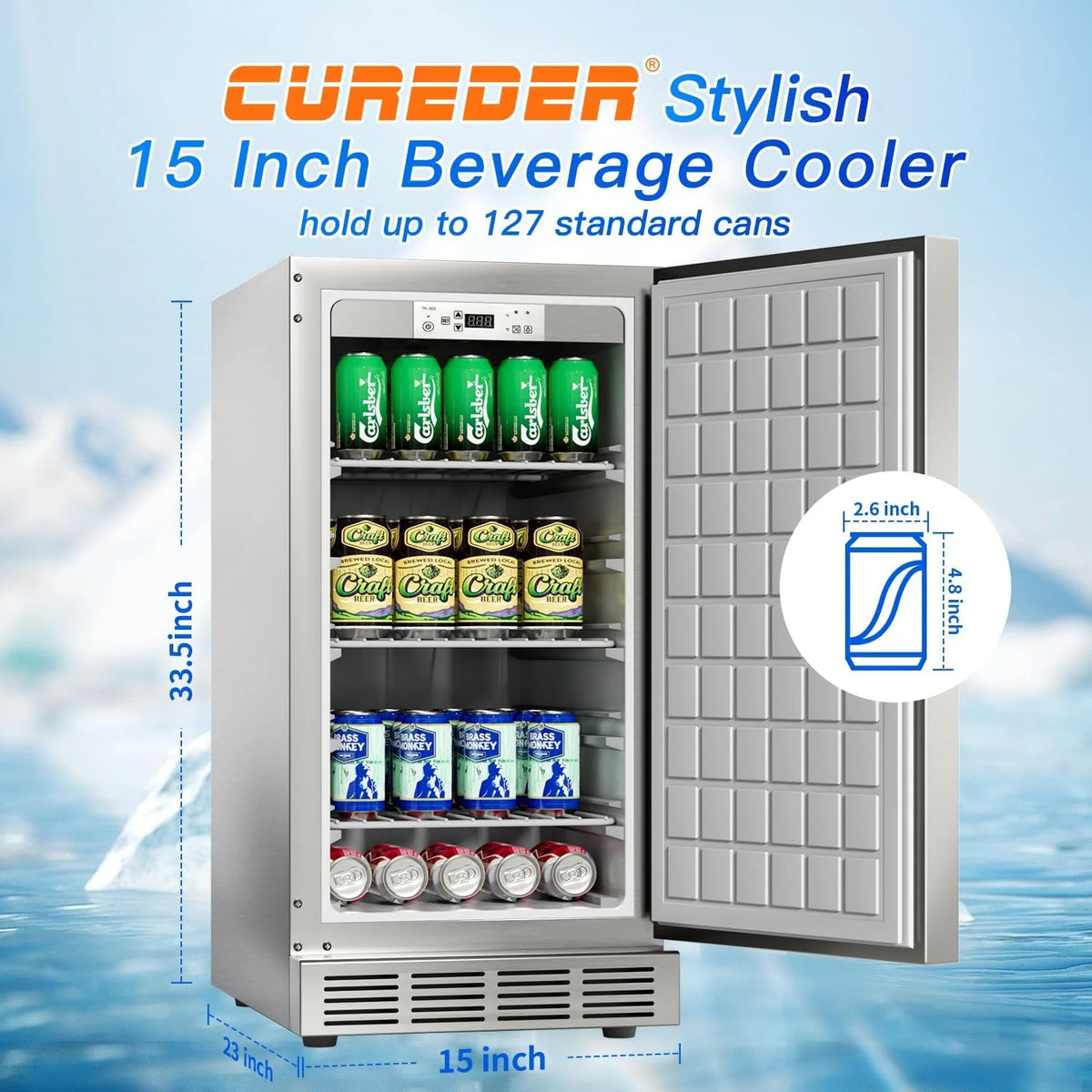15 Inch Outdoor Stainless Steel Beverage Refrigerator With 3 Shelves