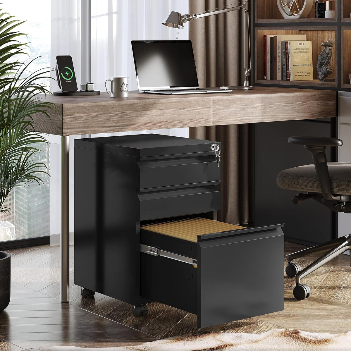 3-Drawer Mobile Steel File Cabinet, Letter/Legal/A4, Black, 17.1in D x 14.6in W x 23.8in H