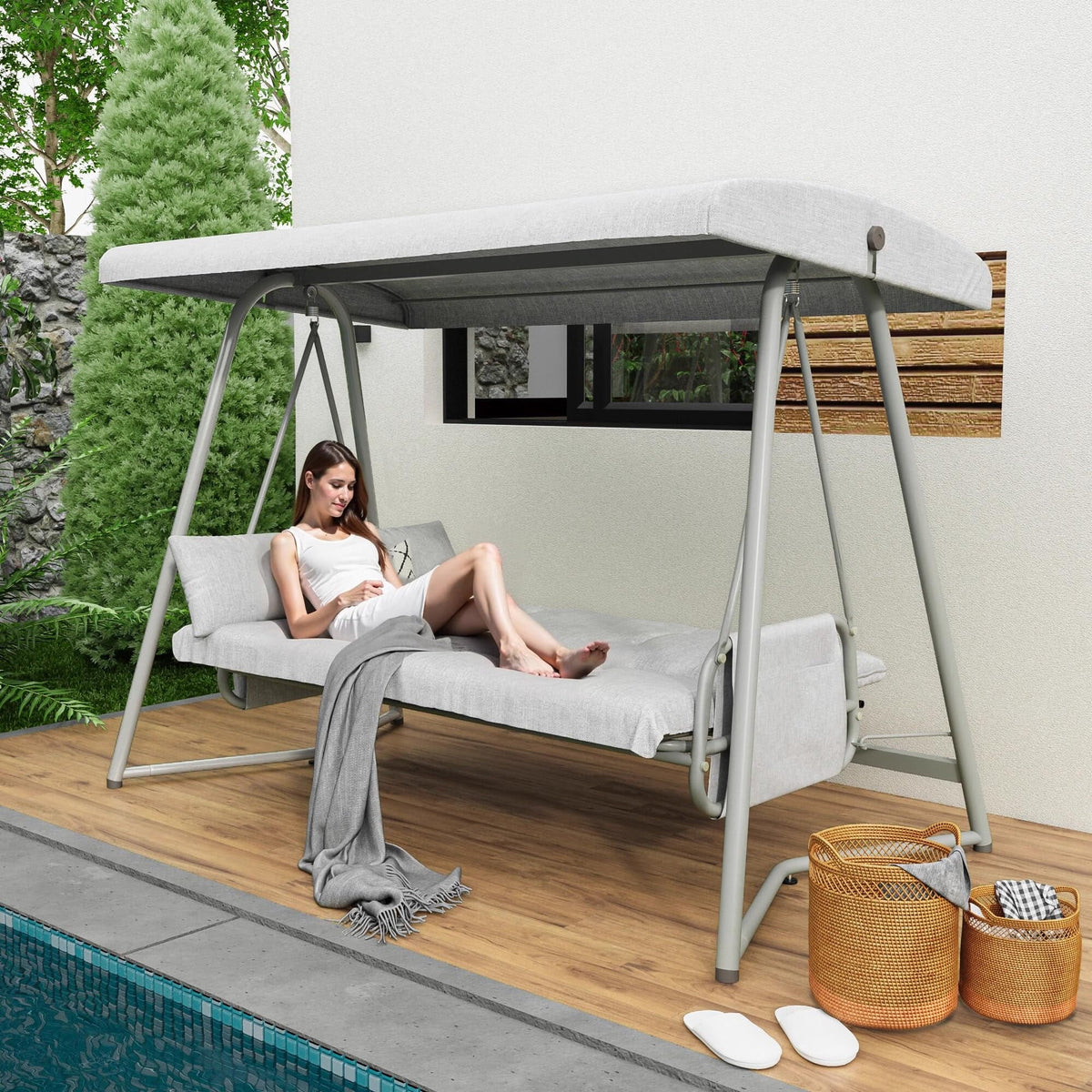 TQKVIPI 4 Person Outdoor Porch Swing Bed With Adjustable Backrest Canopy - 800 lbs Capacity