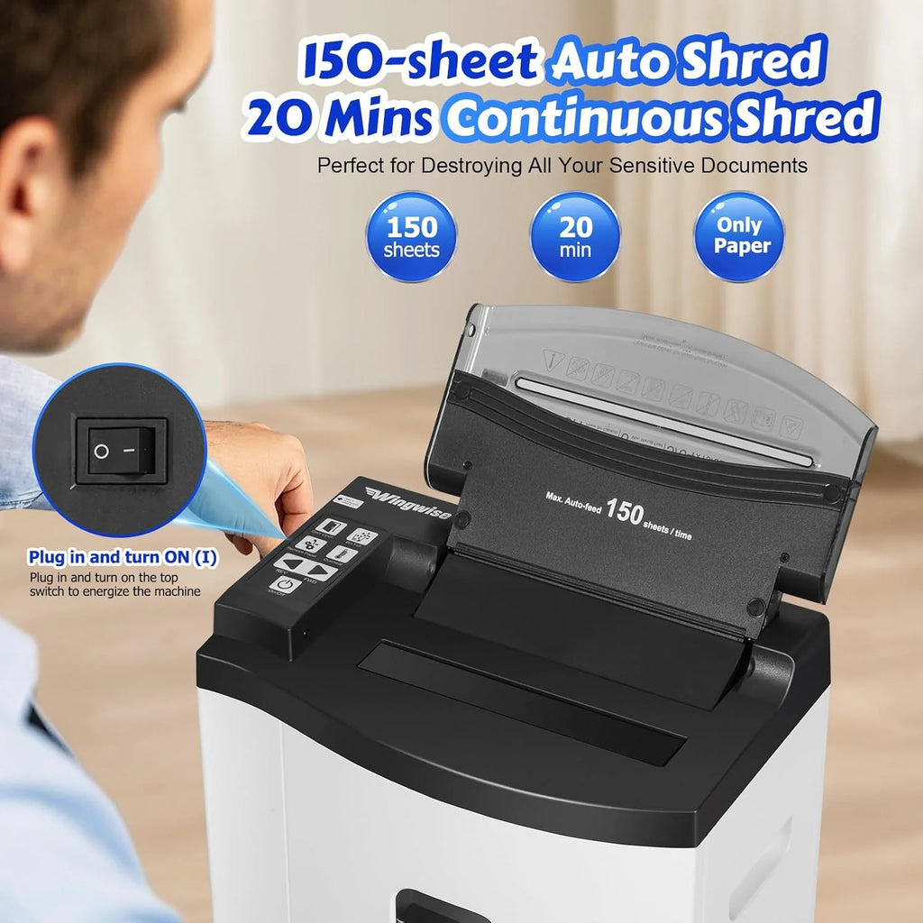 150 Sheet Auto-Feed Micro Cut Paper Shredder, P-5, 6.1 Gallons, White