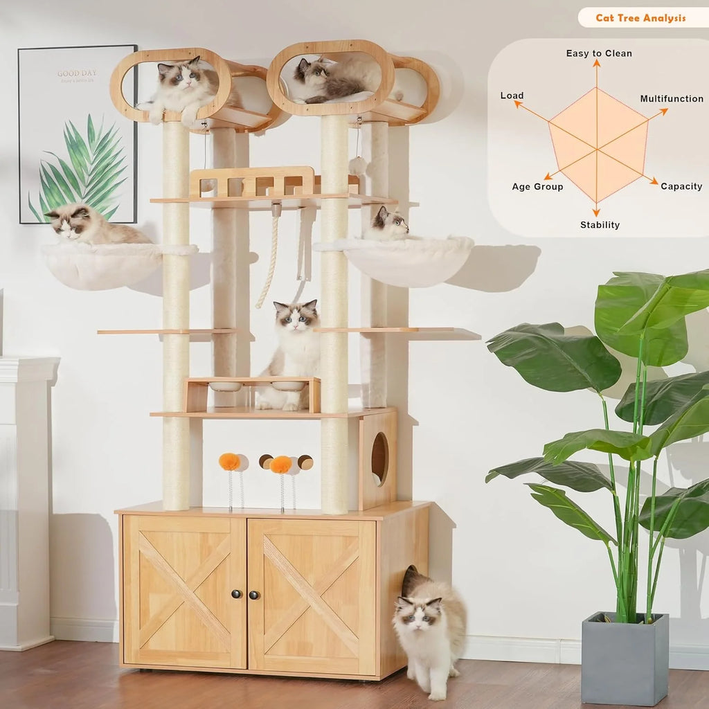 Habori Cat Tower With Litter Box Storage And Feeding Station, 32.3 x 20.1 x 76.8 Inch
