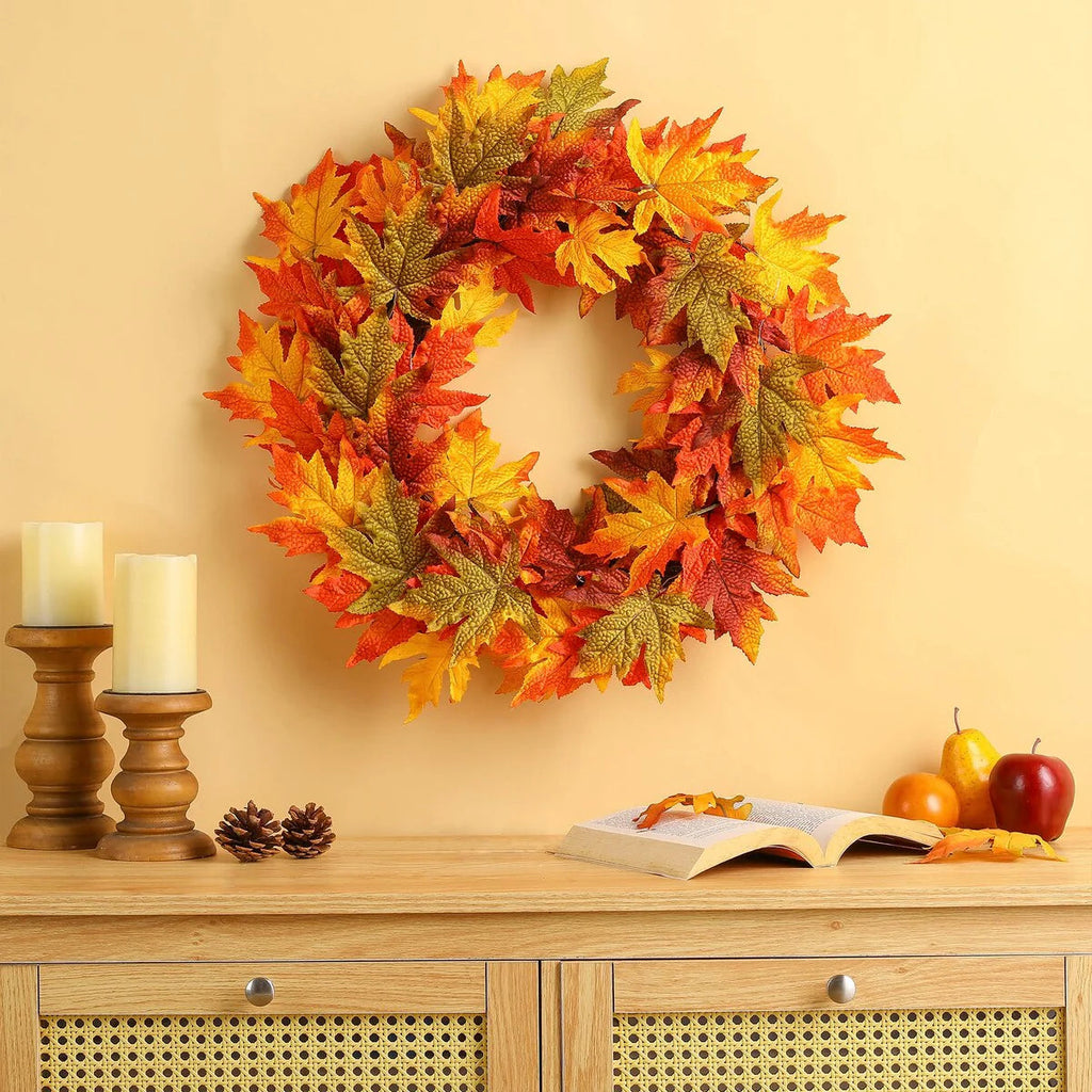 Thanksgiving LED Lighted Fall Maple Leaf Wreath And Garland, 24 in Wreath / 72 in Garland - 20 Clear Lights