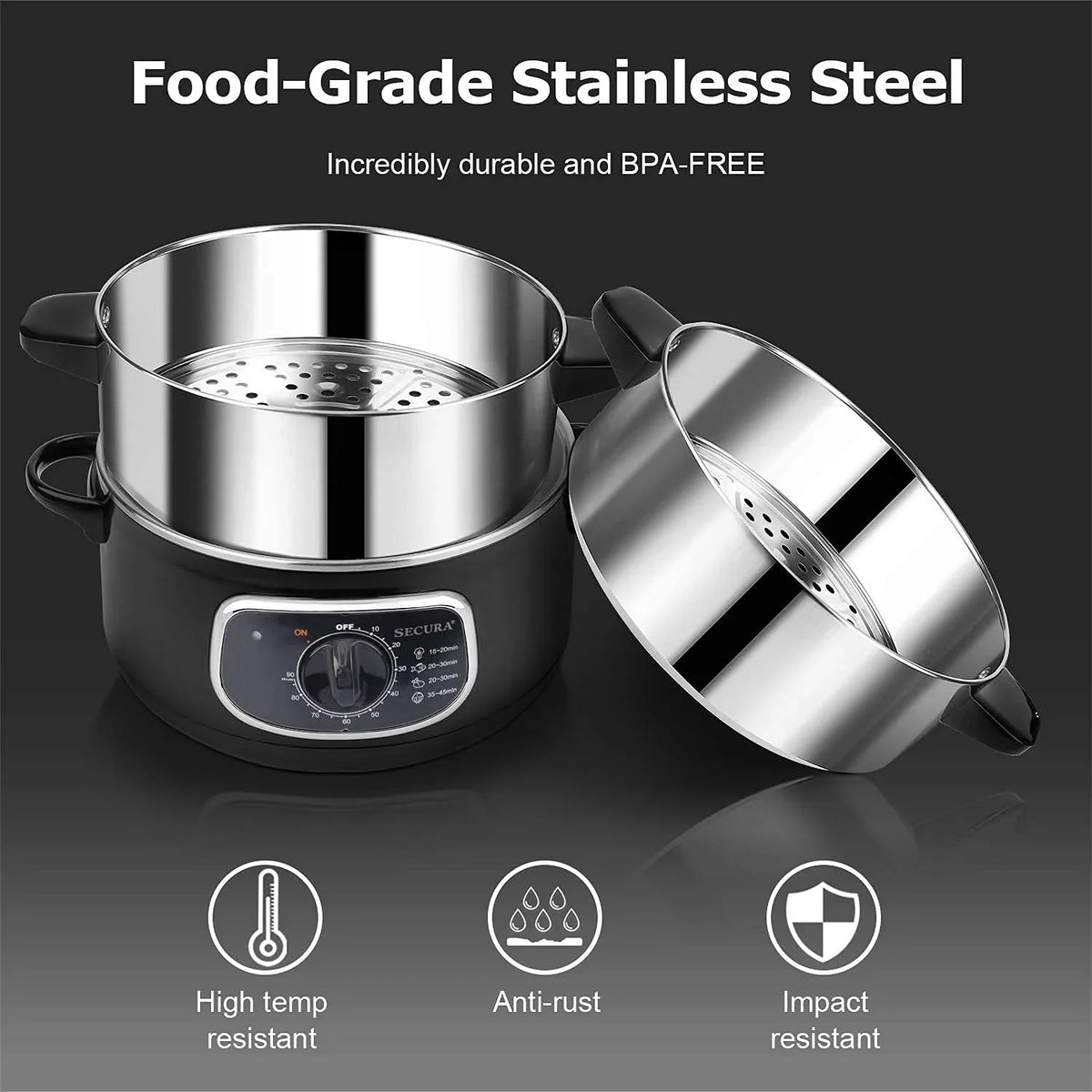 Electric Stainless Steel Food Steamer, 8.5 Qt, 800W