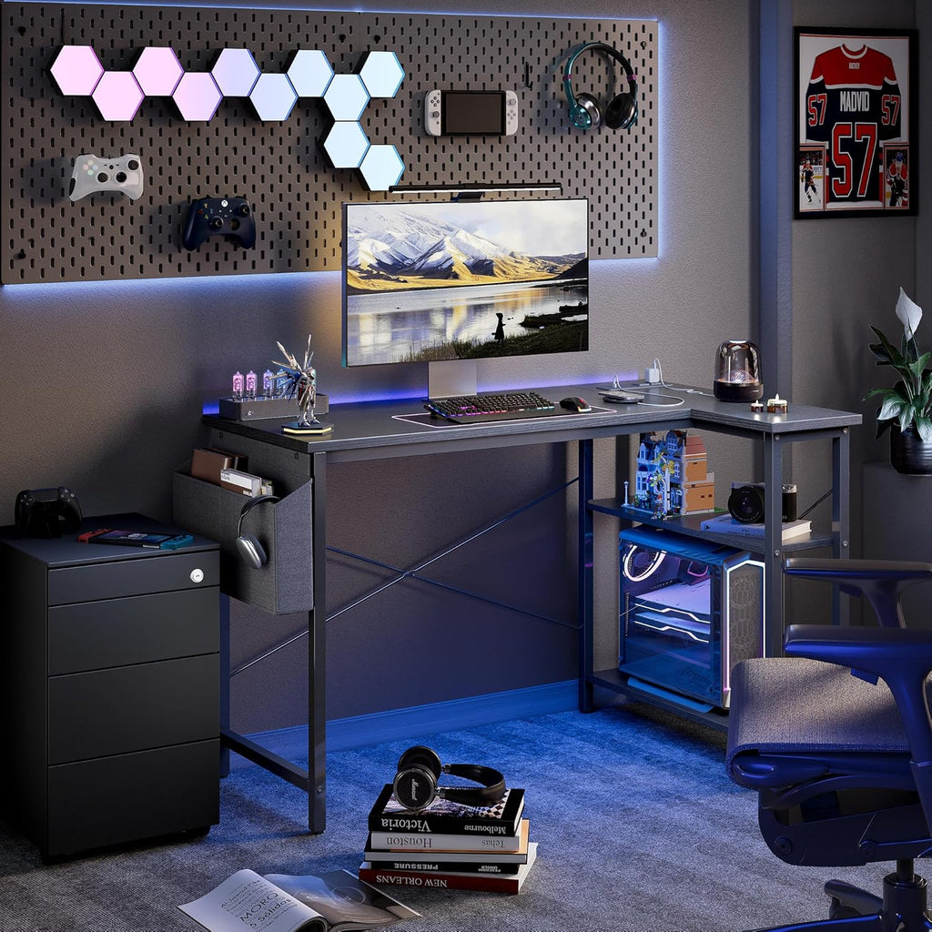 40 Inch L-Shaped Computer Desk With Power Station And Storage Shelves